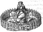 Compasses; a sitting woman holding shields with heraldic representations: coat of arms of the city of Leiden (keys), coat of arms of the province South-Holland (lion); banderole with inscription