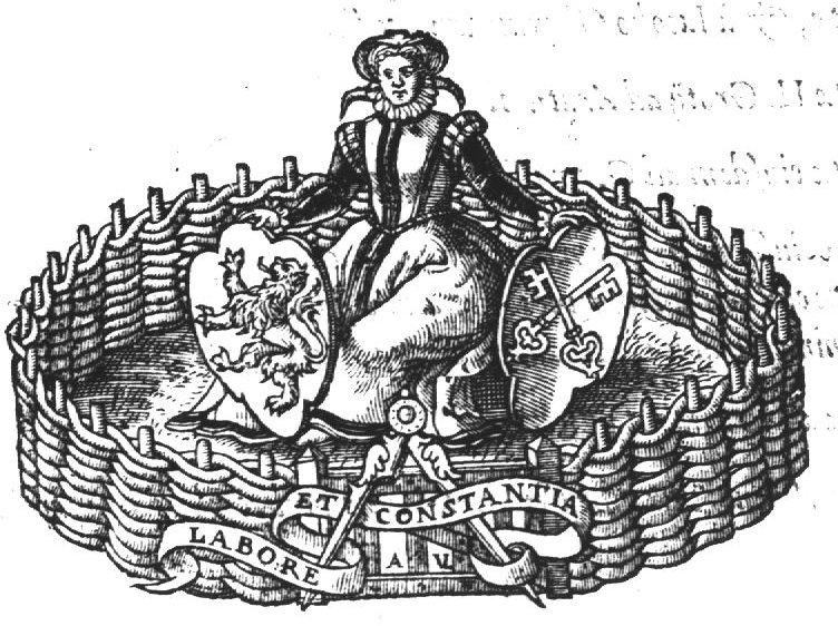 Compasses; a sitting woman holding shields with heraldic representations: coat of arms of the city of Leiden (keys), coat of arms of the province South-Holland (lion); banderole with inscription