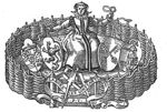 Compasses; a sitting woman holding shields with heraldic representations: coat of arms of the city of Leiden (keys), of the university of Leiden: Minerva (helmet, Aegis), the province of South-Holland (lion) and of prince William I of Nassau; banderole with inscription