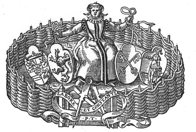 Compasses; a sitting woman holding shields with heraldic representations: coat of arms of the city of Leiden (keys), of the university of Leiden: Minerva (helmet, Aegis), the province of South-Holland (lion) and of prince William I of Nassau; banderole with inscription