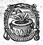 Hand from the clouds watering a rose-bush in a pot; frame decorated with branches and banderole with inscription