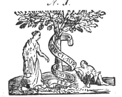 A tree with a woman carrying an oil-lamp(?) and a man, sitting on the ground; a banderole