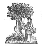 A man - Laurens Jansz Coster - standing next to a tree, holding a knife in one hand and a branch of the tree - inscribed "D.T." - in the other; a banderole with inscription around the tree