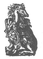 Unicorn (horn not visible) holding coat of arms with 'Hausmarke' and the initials "I.K."