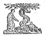 A tree with a woman carrying an oil-lamp(?) and a man, sitting on the ground; a banderole