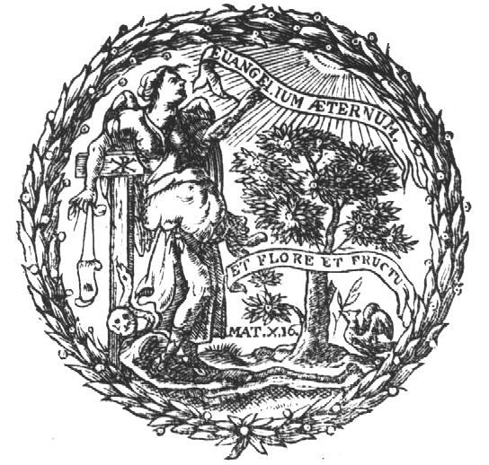 Allegory on the Christian Religion: a winged woman, pointing at a scroll, leaning against a tau-shaped cross with a Chi-Rho monogram; a bit hanging on one arm of the cross; a skeleton, symbolizing Death, under the feet of the woman; a snake on the cross; a tree and a dove holding an olive branch; a banderole; wreath of branches as frame