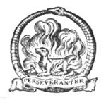 Salamander in a fire, encircled by Ouroboros; banderole with inscription