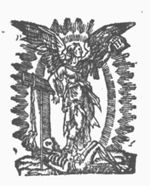 Allegory on the Christian Religion: a winged woman holding an open book and leaning against a tau-shaped cross; a bit hanging on one arm of the cross; a skeleton, symbolizing Death, below the feet of the woman