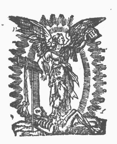 Allegory on the Christian Religion: a winged woman holding an open book and leaning against a tau-shaped cross; a bit hanging on one arm of the cross; a skeleton, symbolizing Death, below the feet of the woman