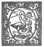 Crane, with a banderole in its beak, holding a stone in its claw; a skull with an hourglass on top; ornamental scrollwork frame
