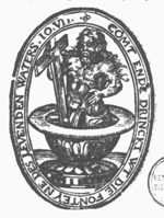 Christ as Man of Sorrows(-variant), holding the cross, in a chalice, shedding his blood