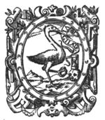 Crane, with a banderole in its beak, holding a stone in its claw; a skull with an hourglass on top; scrollwork frame with foliage