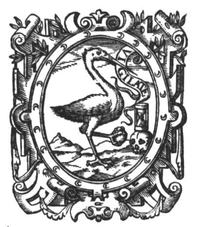 Crane, with a banderole in its beak, holding a stone in its claw; a skull with an hourglass on top; scrollwork frame with foliage