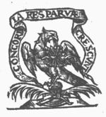 An eagle, holding a bundle of arrows in its beak, standing on a pedestal, to which two palm-branches are attached; banderole with inscription