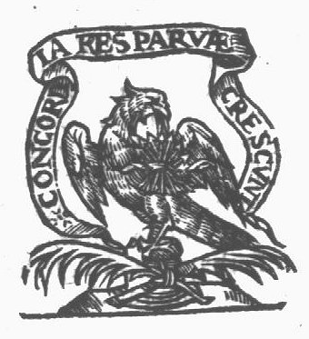 An eagle, holding a bundle of arrows in its beak, standing on a pedestal, to which two palm-branches are attached; banderole with inscription