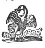 An ostrich spreading its wings, holding a horseshoe in its beak; banderole