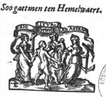 The Three Theological Virtues (Faith, holding a cross; Hope, holding an anchor; and Charity, with two naked children) standing in a circle; Hope and Faith are leading a naked man by the hand; Jahweh-tetragram; banderole with inscription