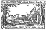 Landscape with deer, one running, one drinking from a well; banderoles with inscription