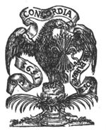 An eagle, holding a bundle of arrows in its beak, standing on a pedestal, to which two palm-branches are attached; banderole with inscription