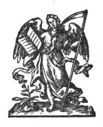 An angel holding a scythe and an open book