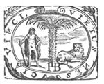 Hercules (club, lion's skin) on one, and a lion on the other side of a palm tree (Dutch: 'boom'); frame decorated with branches; monogram "I.H.B."