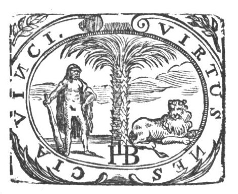 Hercules (club, lion's skin) on one, and a lion on the other side of a palm tree (Dutch: 'boom'); frame decorated with branches; monogram "I.H.B."