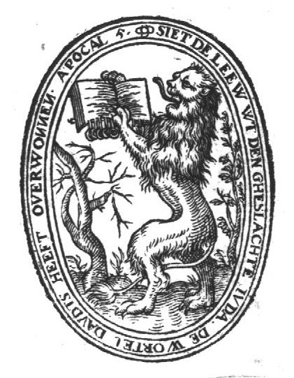 The book with the seven seals is held by the lion of Juda, standing on its hind legs