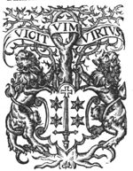 Tree with coat of arms of Haarlem, flanked by lions; a banderole