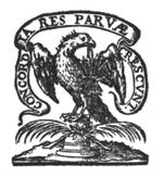 An eagle, holding a bundle of arrows in its beak, standing on a pedestal, to which two palm-branches are attached; banderole with inscription