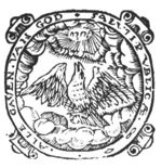 Eagle flying upwards, above the clouds, towards a radiating Jahweh-tetragram; decorated frame