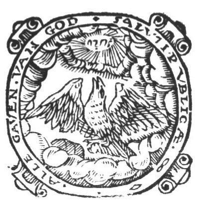 Eagle flying upwards, above the clouds, towards a radiating Jahweh-tetragram; decorated frame