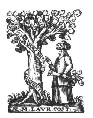 A representation of Laurens Jansz Coster - wearing oriental head-gear(?) standing next to a tree, holding a branch inscribed "D.T." in his hand; a banderole with inscription around the tree