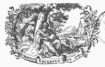 Man, sitting on the ground, in front of a group of trees, holding an open book; an ink-well(?) at his feet; banderole with inscription