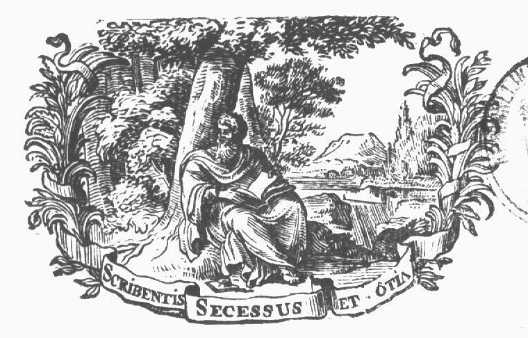 Man, sitting on the ground, in front of a group of trees, holding an open book; an ink-well(?) at his feet; banderole with inscription