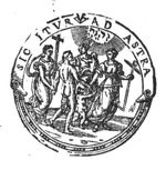 The Three Theological Virtues (Faith, holding a cross; Hope, holding an anchor; and Charity, with two naked children) standing in a circle; Hope and Faith are leading a naked man by the hand; radiating Jahweh-tetragram; simple frame
