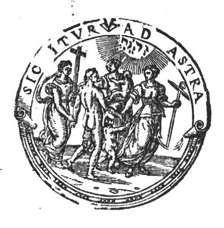 The Three Theological Virtues (Faith, holding a cross; Hope, holding an anchor; and Charity, with two naked children) standing in a circle; Hope and Faith are leading a naked man by the hand; radiating Jahweh-tetragram; simple frame