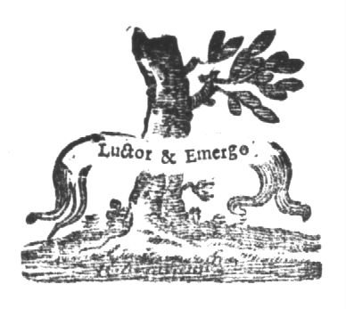 Sprouting tree trunk; banderole with inscription