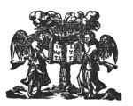 Phoenix on top of a burning palm tree; two angels holding an open book