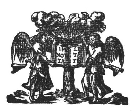 Phoenix on top of a burning palm tree; two angels holding an open book