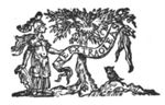 Minerva (Aegis, helmet, owl) standing next to a tree bearing fruit, holding a banderole