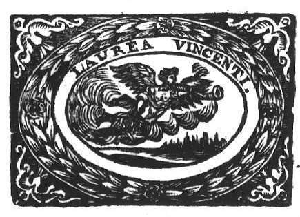 Woman flying over a landscape, blowing a trumpet and holding a laurel (Fame); decorated frame