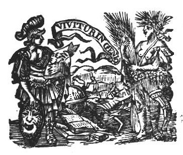 Minerva (Aegis, helmet) holding an open book, surrounded by various objects: books, globe, Jacob's staff and Ceres (cornucopia, corn in the hair, holding a sheaf of corn); in the background: harvest; banderole with inscription