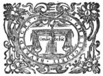 A hand from the clouds holding a pair of scales in front of an open book; frame decorated with festoons