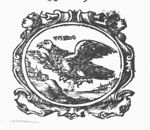 Eagle flying over a landscape; frame decorated with human heads