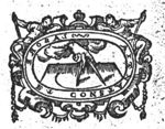 Compasses held by a hand (clouds); frame decorated with human figures lying on top of it