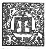 A hand from the clouds holding a pair of scales in front of an open book; frame decorated with festoons and cherub