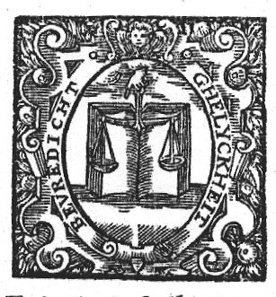 A hand from the clouds holding a pair of scales in front of an open book; frame decorated with festoons and cherub
