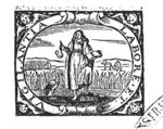 A standing woman (Vigilance) holding an oil-lamp and an open book, at her side a crane holding a stone in its claw; in the background: agricultural activities: ploughing and mowing; frame decorated with cherubs