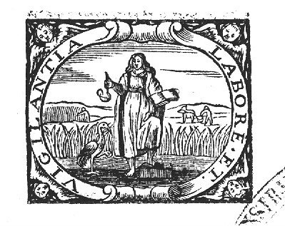 A standing woman (Vigilance) holding an oil-lamp and an open book, at her side a crane holding a stone in its claw; in the background: agricultural activities: ploughing and mowing; frame decorated with cherubs