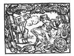 A sitting woman with an open book, an oil-lamp and a cock (Vigilance); a man digging with a spade (Labour); in the background a hay-wagon; frame decorated with various tools, e.g. sickle and saw, an inscribed banderole, and 'Hausmarke' with initials "A.L."